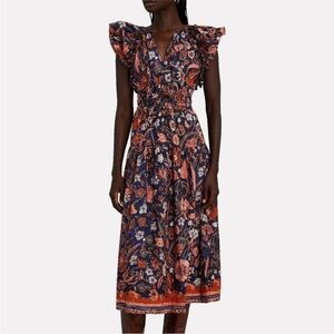 ULLA JOHNSON Arina Dress Midi Floral Ruffle Shoulder Smocked Waist Minor Flaws 2